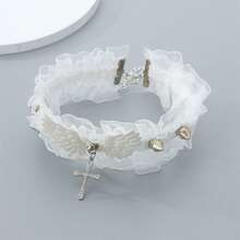 1pc Lace Trim Angel Wings Cross Studded Choker Necklace Collar Chain - White - View 3