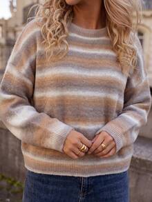 Plus Size Fashion Versatile Striped Color Block Long Sleeve Sweater Streetwear Preppy Style - Multicolor - View 4