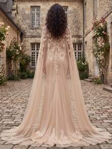 Elegant Champagne Satin Mermaid Halter Neckline Sleeveless Lace Applique Transparent Maxi Dress For Wedding Formal Evening Party - Red - View 3