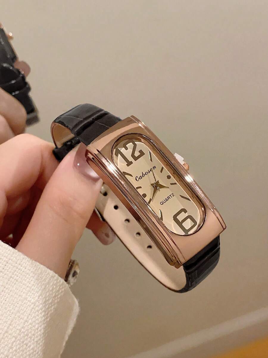 1pc Women's Rectangular Simple Fashion Quartz Watch With Black, Brown Or Green Band - Black - View 1