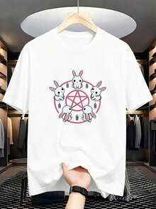 Plus Size Gothic T-Shirt In Pink And Black, With A Pink Gothic Rabbit Design And An Inverted Pentagram, Unisex, Available In Sizes S-X, Soft. - 白色 - 查看 1