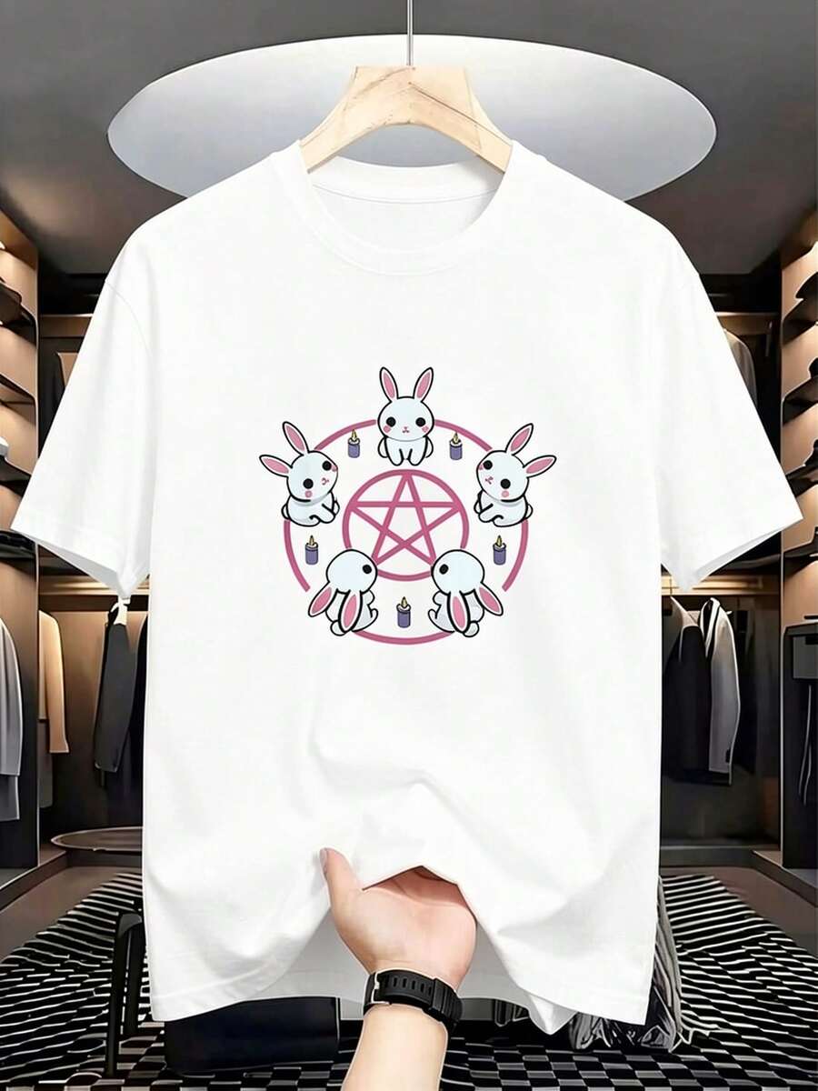 Plus Size Gothic T-Shirt In Pink And Black, With A Pink Gothic Rabbit Design And An Inverted Pentagram, Unisex, Available In Sizes S-X, Soft. - 白色 - 查看 1
