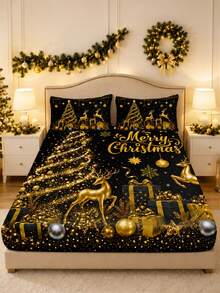 3PCS Winter Christmas Atmosphere Bedding Set, (1PC Fitted Sheet + 2pcs Pillowcases, Pillow Inserts Not Included,) Polyester Digital Print, Black & Gold Luxury Christmas Golden Reindeer & Christmas Tree Pattern, Cartoon Cozy Christmas Non-Slip Bedding Set, Machine Washable, Bedroom Holiday Home Textile - Multicolor - View 6