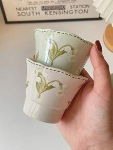 3pcs 130ml Vintage Lily Of The Valley Ceramic Tea Cups, Hand-Painted Hand-Held Ruffled Small Tea Cups, Casual Cups, Afternoon Tea Cups, Suitable For Hosting Guests, Small Capacity Coffee Cups, Home Cups, Restaurant Hand-Held Cups - Lily Of the Valley - View 4