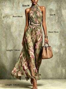 Elegant Women Green Floral Jacquard Halter Neck Long A Line Dress Sleeveless Slit Formal Events Mother Day High Waist Bodycon Maxi Dresses - 綠色 - 查看 5