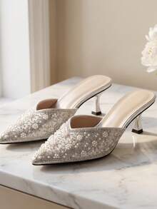 New Spring/Autumn Korean Style Minimalist Crystal & Faux Pearl Pointed Toe High Heel Pumps, Rhinestone Slim Stiletto Elegant Dress Shoes For Women - Silver - View 8