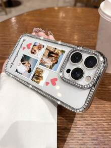 1 Shiny Diamond Transparent Heart-Shaped Pattern Phone Case, Customizable With Couple Photos And Names, Silver Plated Luxury Shiny Diamond Transparent Phone Case Compatible With IPhone 16e/17 Pro Max/15 Pro Max/14 Plus/13 Pro, Using Hard Acrylic Shock-Absorbing Protective Material With Anti-Collision Borders. Suitable As A Gift For Friends - Silver - View 5