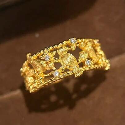 Nhẫn chim khách phong cách Trung Quốc cho nữ, mạ vàng 18K, điều chỉnh được, thiết kế hoa mai rỗng sang trọng đính đá zirconia