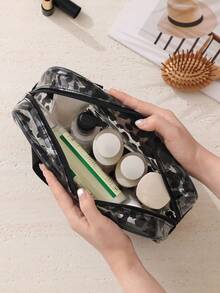 Large Capacity Fashionable Leopard Print Travel Toiletry Bag, Dual Handle Transparent Waterproof Makeup Storage Bag, Portable Women's Storage Bag, Bohemian Style, Suitable For Bathroom, Travel, Vacation, Gym, College Dorm, Weekend Outings And Daily Storage, Back To School Bag, Travel Bag, School Supplies, Gift - Black - View 4