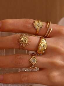 5PCS/1PC Vintage Gold Sun Evil Eye Star Rhinestone Open Ring Set, Stainless Steel Adjustable Finger Rings, European & American Bohemian Style Women's Stackable Jewelry Holiday Gift - Gold - View 1
