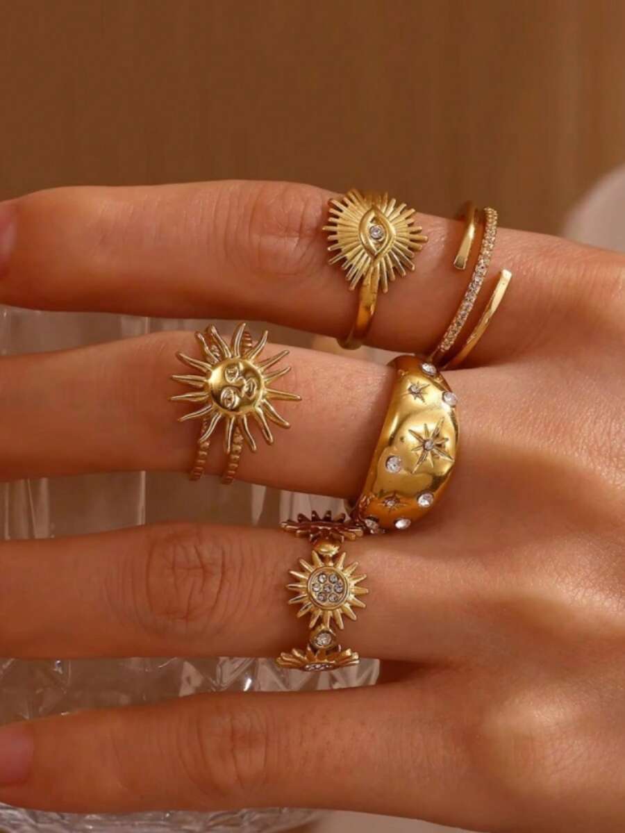 5PCS/1PC Vintage Gold Sun Evil Eye Star Rhinestone Open Ring Set, Stainless Steel Adjustable Finger Rings, European & American Bohemian Style Women's Stackable Jewelry Holiday Gift - Gold - View 1