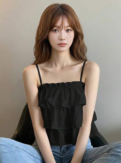 Yorily Summer Casual Solid Color Ruffled Crop Top With Spaghetti Straps Black