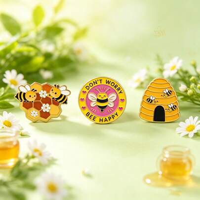 Cartoon Bee Enamel Brooch, Honeycomb Bee Brooch, "Don't Worry Bee Happy" Quote Lapel Pin, Decorative Badge For Backpack, Jacket, Hat, Cute Gift