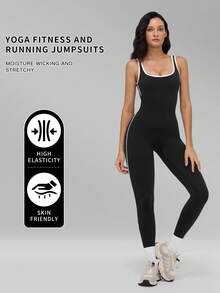 MFVIM Women's Sports Colorblock Tank Top Hollow Back Design Jumpsuit Showcasing Beautiful Shoulder Blades - Black - View 3