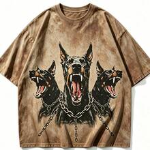2026 New Arrival Summer Unisex Cerberus Doberman Graphic T-Shirt,Sleeve Tee, Gothic Three-Headed Dog Print Oversized Top For Streetwear - 卡其色 - 查看 10