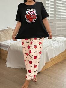 Plus Size Women's Casual Loungewear Pajama Set, Cute Funny Cartoon Monster Print Short Sleeve Top & Long Pants 2 Pieces Pajama Set - Black - View 5