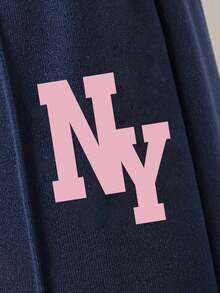 Tween Girl Letter Print Baseball Collar Zip-Up Top And Pants Set - Royal Blue - View 6