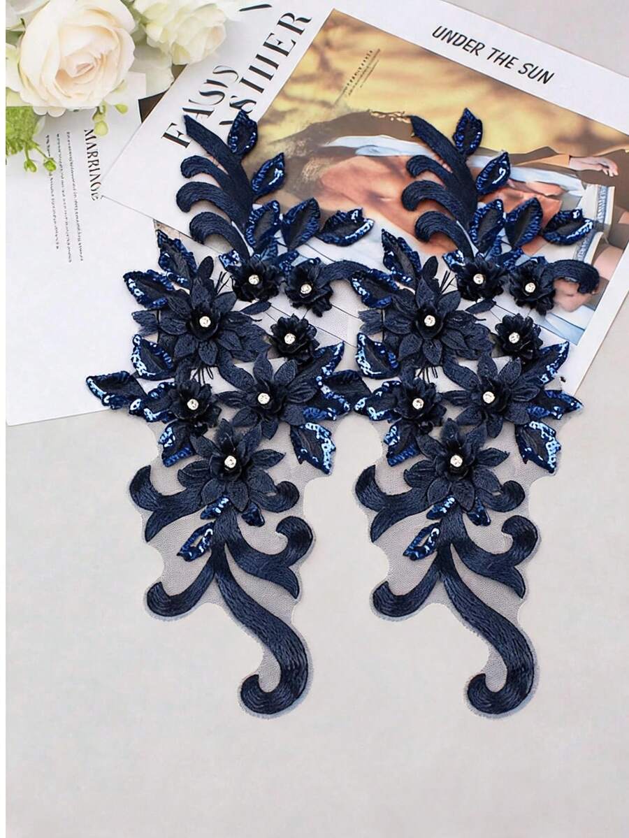 2件裝海軍藍3D刺繡貼花串珠婚紗配件網紗蕾絲DIY表演服裝刺繡補丁/長度:39CM/寬度:16CM - 2PCS藏青色 - 查看 1