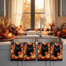 2/4/48pcs Autumn Series Dark Night Black Cat & Pumpkin Pattern Printed Kitchen Towels - Super Soft, Highly Absorbent Polyester Tableware And Hand Towels, Perfect For Holiday Decor, Kitchen Decor, Party Decor - Multicolor - View 3