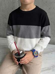 Young BoySchool Style Striped Contrast Color Pullover Sweater, Suitable For Autumn & Winter - Black - View 2