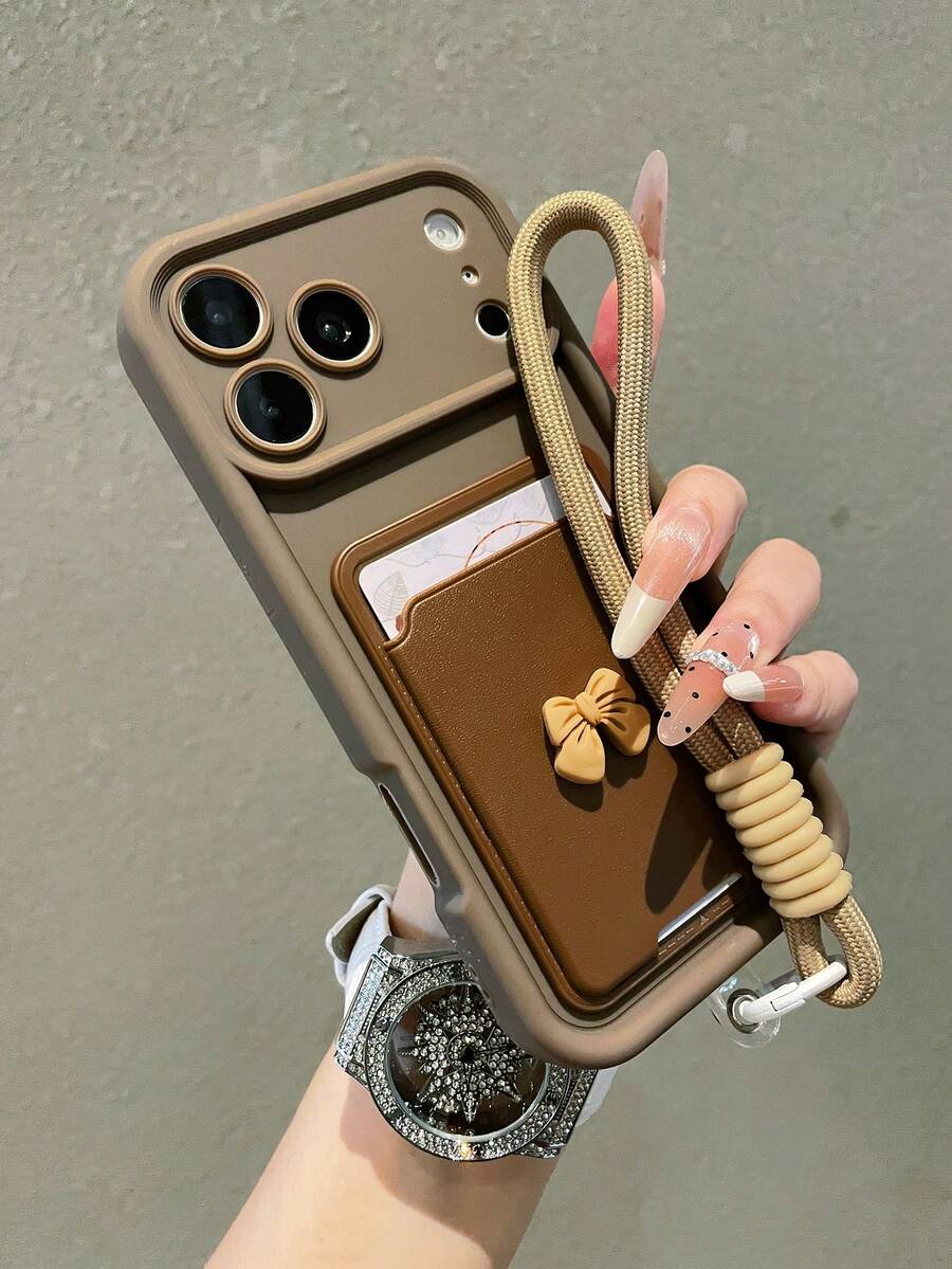 1pc Luxury Minimalist Bow Card Holder Glitter Gradient Phone Case With Lanyard, Compatible With Apple 18 Pro Max/18 Pro/17 Pro Max/17 Pro/17 Air/17/16 Pro Max/16/15 Pro Max/15/14/13/12/11 Protective Cover - Brown - View 1