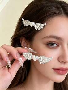 2件組天使之翼水鑽愛心髮夾，時尚氛圍感髮飾，適合女性與女孩日常裝飾 - 彩色 - 查看 1
