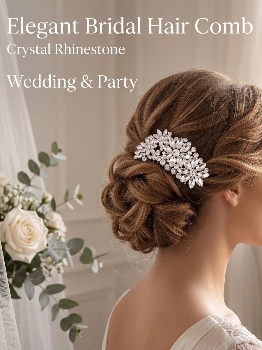 1pc Luxurious Crystal Flower Bridal Hair Comb, Sparkling Rhinestone Side Comb For Wedding & Evening Party Hair Styling Accessories