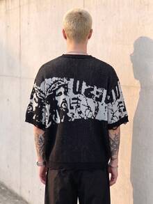 BLACKTOEXIT 春夏男士中性肖像圖案半透舒適街頭風休閒百搭通勤羅紋圓領短袖針織毛衣 - 黑色 - 查看 5