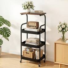 Senmeo Multi-Functional Metal Rolling Cart, Durable 3-Tier Shelf With Casters, Holds Snacks/Files/Books, Easy To Relocate - Perfect For Kitchen/Desk, Seasonal Storage Upgrade - Four Layers - Black - View 9