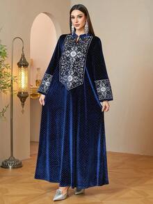 Autumn/Winter Warm Navy Blue Velvet Abaya, Silver Embroidery Rhinestone Stand Collar Long Kaftan Dress, Suitable For Eid Party, Wedding Occasions - Navy Blue - View 4