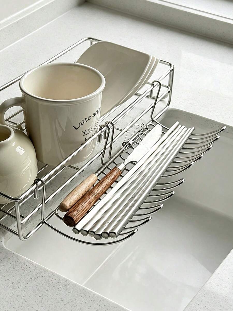 5pcs/1set Stainless Steel Kitchen Sink Edge Hanging Drain Rack, Drill-Free Multi-Function Storage Basket, Utensil And Knife Holder, Space-Saving Kitchen Countertop Organizer Rack, Suitable For Storing Sponges, Dishcloths And Kitchen Accessories