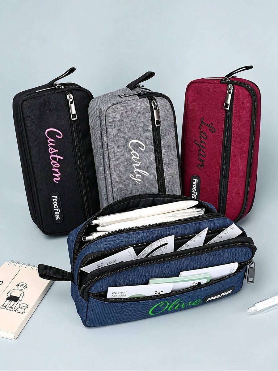 Customizable Name! Colorblock Tote Pencil Case, Student Stationery Storage Bag, Portable Large Capacity, Personalized Exclusive, Suitable For School/Office Storage, Multi-Pocket Design, Applicable To Campus Scenarios, Bringing You A Unique Experience - Multicolor - View 1