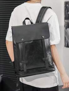 Tas Ransel Kulit PU Berkualitas Tinggi dengan Penutup Kapasitas Besar, Tas Laptop Mewah untuk Bisnis, Perjalanan, Tas Ransel Mahasiswa, Tas Ransel Modis untuk Pria - Hitam - View 5