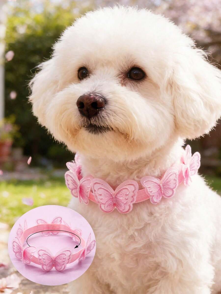 1pc Pink Embroidered Mesh Pet Butterfly Collar, Sweet And Cute 3D Butterfly Decoration, Suitable For All Seasons, Cat And Dog Decorative Product, Perfect For Valentine's Day, Christmas, Wedding, Party And Other Holidays, Cat And Dog Outdoor Photo, Holiday Dress-Up Collar, Perfect Gift For Pets! - Multicolor - View 1