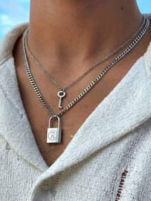2pcs Men's Necklace Set, Silver Stainless Steel, Waterproof, Fade-Resistant, Hypoallergenic, Letter Lock & Key Design, Personalized Necklace Suitable For Parties And Gatherings - Multicolor - View 2