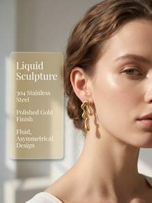 Minimalist Abstract Fluid Sculpture Earrings, Metal Molten Drip Curved Water Drop Style Unique Jewelry - Multicolor - View 2