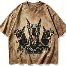 2026 New Arrival Summer Unisex Cerberus Doberman Graphic T-Shirt,Sleeve Tee, Gothic Three-Headed Dog Print Oversized Top For Streetwear - 卡其色 - 查看 1