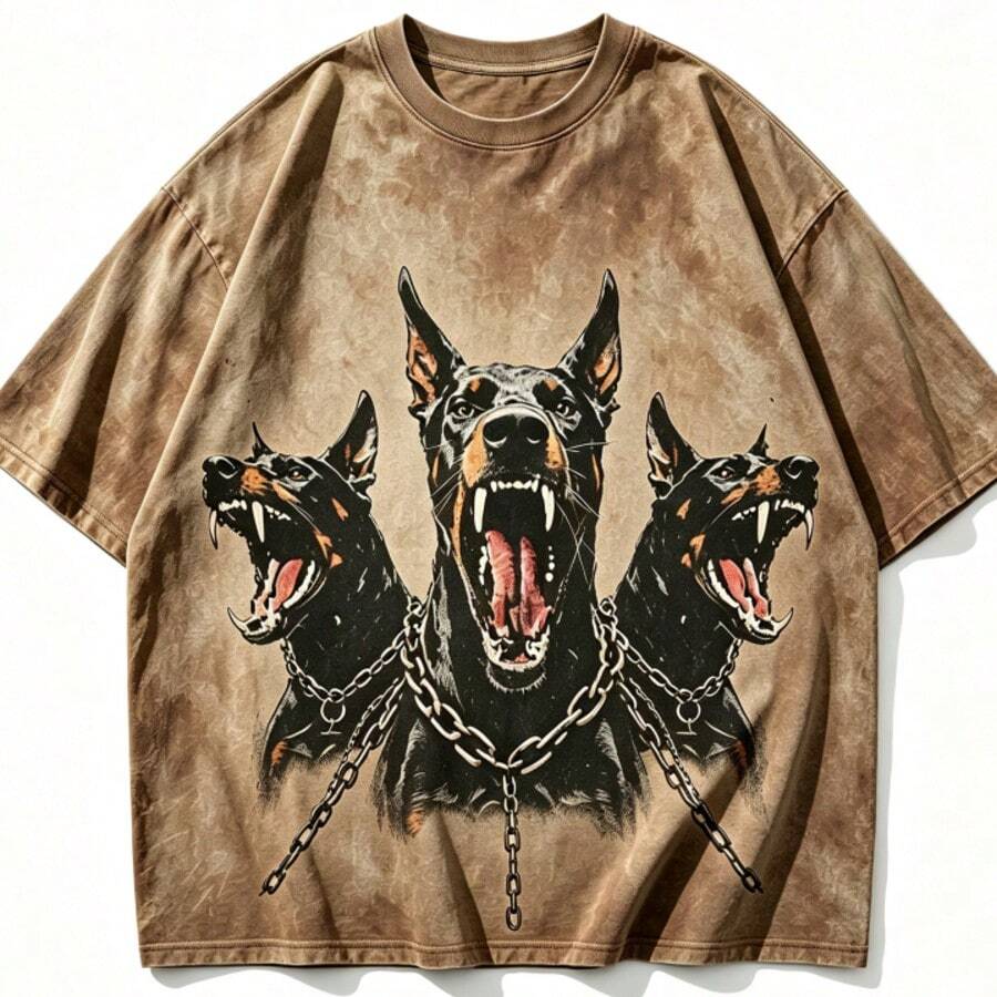 2026 New Arrival Summer Unisex Cerberus Doberman Graphic T-Shirt,Sleeve Tee, Gothic Three-Headed Dog Print Oversized Top For Streetwear - 卡其色 - 查看 1