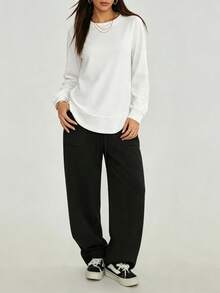 Women's Autumn/Winter Curved Hem Small Waffle Texture Elastic Sweatshirt, Suitable For Outdoor Leisure Sports Running Hiking Cycling, Daily Commute College Style Long Sleeve Top - White - View 3
