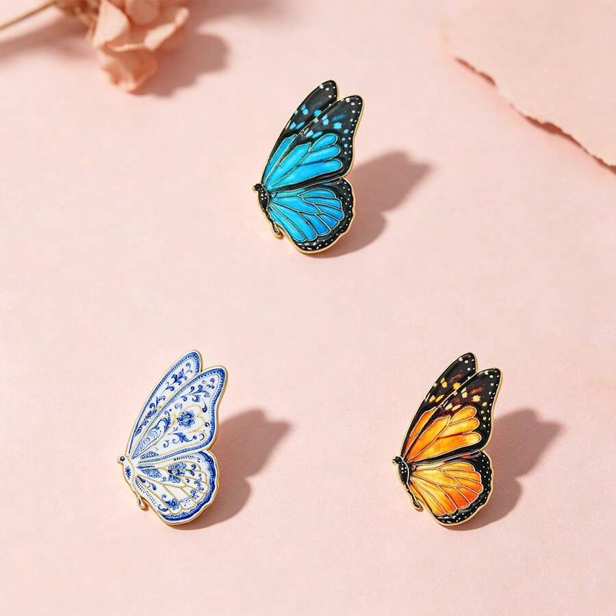 1pc Gold Trim Realistic Butterfly Enamel Pin, Blue Morpho Delft Blue Floral Monarch Butterfly Lapel Pin, Metal Pin For Jackets Bags, Art Lover Gift