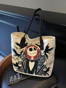 Disney Halloween-Themed Portable Vintage Cartoon Skeleton Jack And Sally Collage Print Handbag, Suitable For Girls And Women - Black - View 2