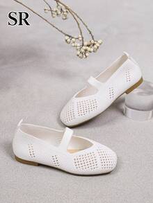 1 Pair Girls' White Hollow Knit Mary Jane Shoes, Comfortable Breathable Mesh Flat Casual Shoes For Daily And School Wear - White - View 2