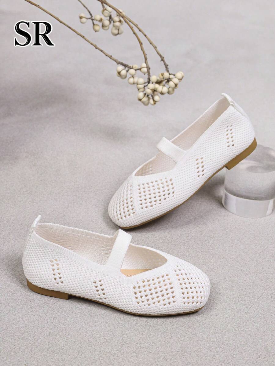 1 Pair Girls' White Hollow Knit Mary Jane Shoes, Comfortable Breathable Mesh Flat Casual Shoes For Daily And School Wear