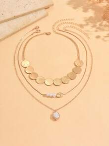 3pcs/Set Vintage Elegant Round & Asymmetric Faux Pearl Pendant Necklace Set, Minimalist Style Women's Neck Jewelry, Suitable For Daily Wear And Date Party - Multicolor - View 2