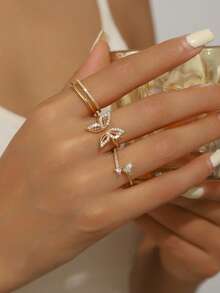 3pcs Set Exquisite Stackable Diamond Ring Set, Butterfly Decor Elegant Gold Ring, Women's Party Decorative Ring - Gold - View 2