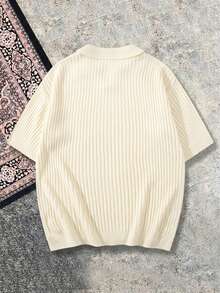 Men's Unisex POLO Collar Knit Sweater Casual Daily Commute Minimalist Solid Color Vertical Striped Ribbed Vintage Versatile Business Basic Loose Short Sleeve POLO Collar Pullover Knit Sweater Short Sleeve Top Spring Summer - Beige - View 4