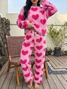 Girls Pink Heart Coral Fleece Pajama Set, Thickened Plush Loose Long Sleeve Home Wear 2 Pieces Set, Autumn/Winter - Hot Pink - View 5