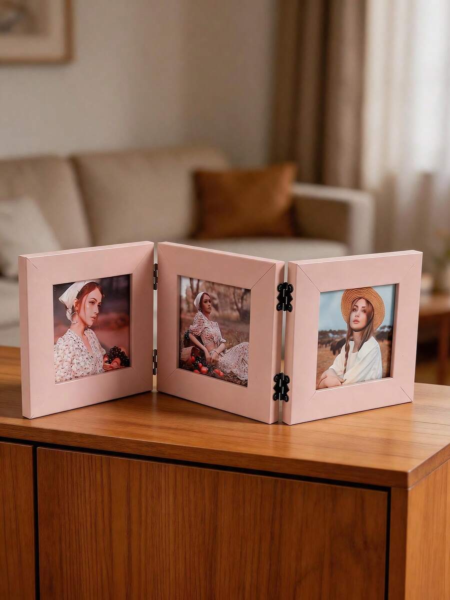 1pc Foldable Multi-Panel Hinged Photo Frame, Pink Square Desktop Photo Frame, Independent Collage Photo Frame, Suitable For Family Portraits, Couple Photos, Desktop Decoration, Home Beautification Display And Memorial Photo Display - Multi-color - View 1