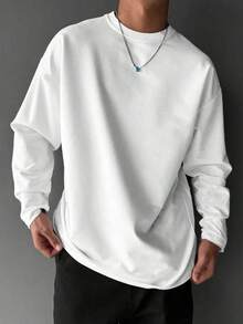 FRACTYR Men's Minimalist Solid Color Crew Neck Long Sleeve Top, Loose Streetwear Basic Long Sleeve T-Shirt - White - View 2