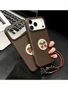 Casing Ponsel Apple 17 Series, 14 Pro Max, dan Apple 11 Terlaris dengan Bordir Cherry Cokelat Tua dan Tali Kulit. - Coklat - View 3